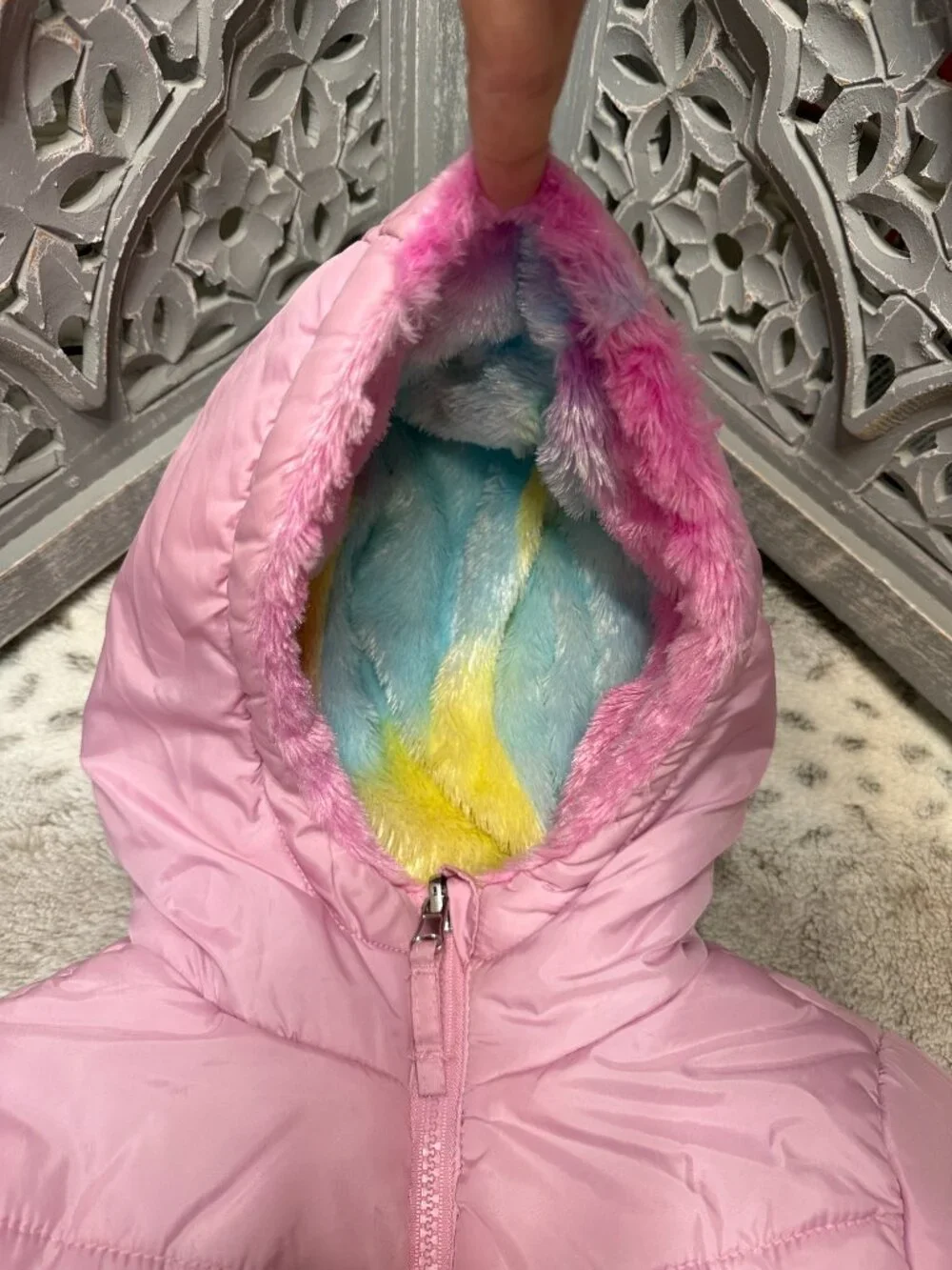 Maddeen Girl reversible rainbow faux fur puffer jacket size 6 magical fairycore